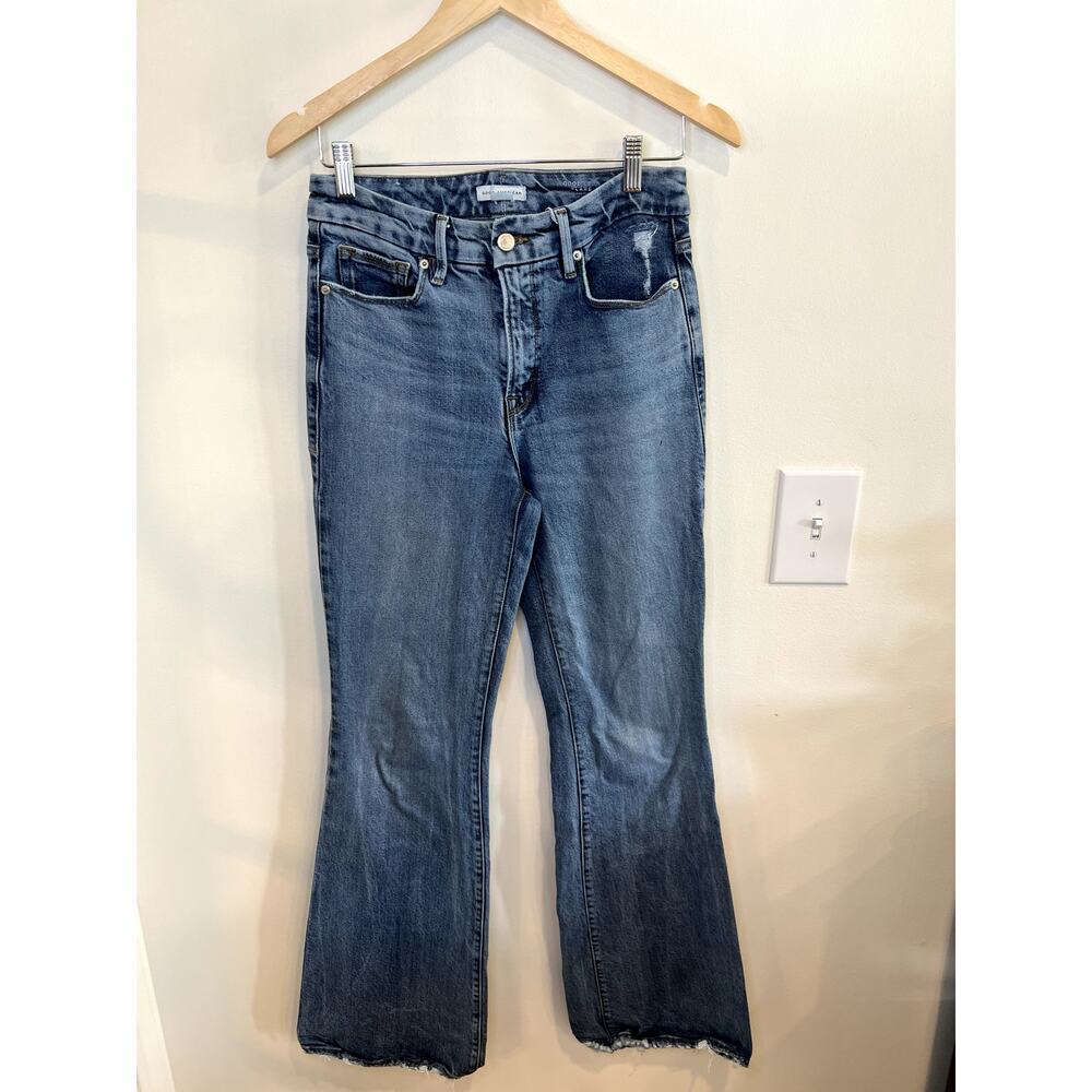 Good American Good Legs Flare Jeans Women's 27 Raw Hem Distressed Stretch Denim